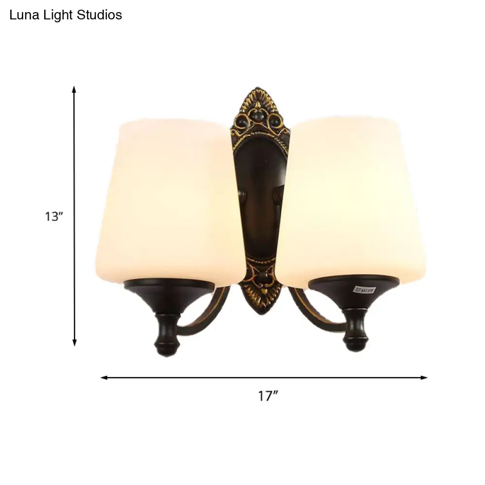 Retro Conical Sconce Wall Light 1/2-Light White Glass Fixture With Black Metal Curved Arm