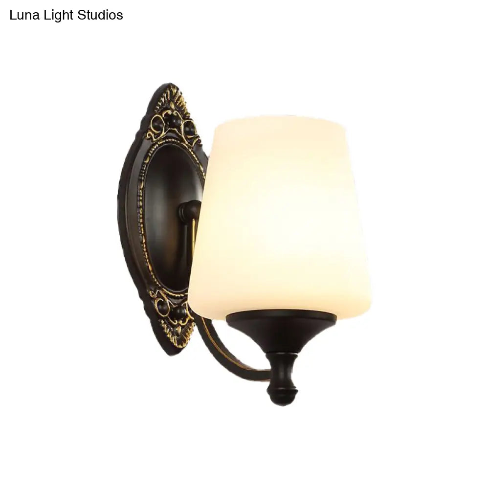 Retro Conical Sconce Wall Light 1/2-Light White Glass Fixture With Black Metal Curved Arm