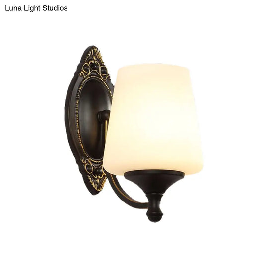 Retro Conical Sconce Wall Light 1/2-Light White Glass Fixture With Black Metal Curved Arm