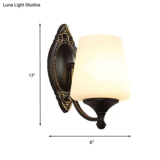 Retro Conical Sconce Wall Light 1/2-Light White Glass Fixture With Black Metal Curved Arm