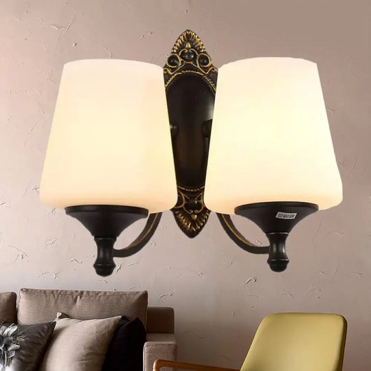 Retro Conical Sconce Wall Light 1/2-Light White Glass Fixture With Black Metal Curved Arm 2 /