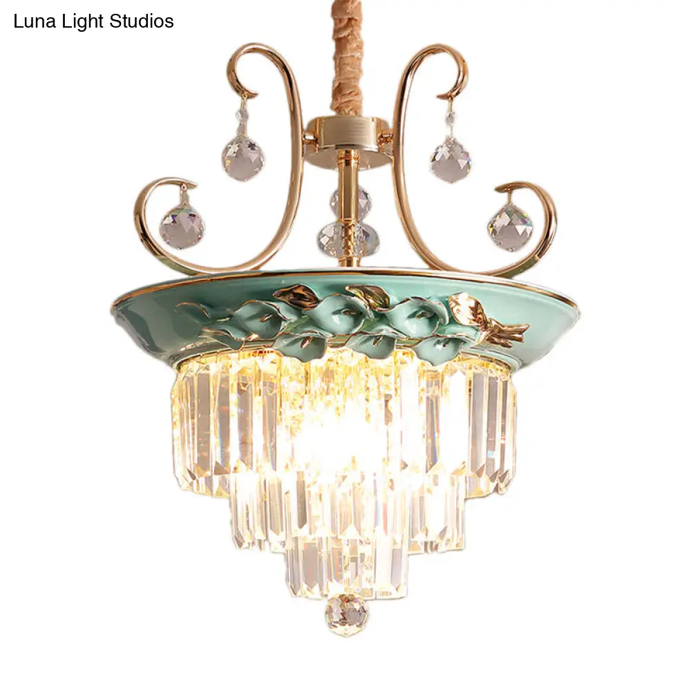 Retro Crystal Hanging Chandelier - Green Tiered Pendant Light For Living Room