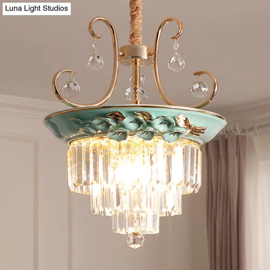 Retro Crystal Hanging Chandelier - Green Tiered Pendant Light For Living Room