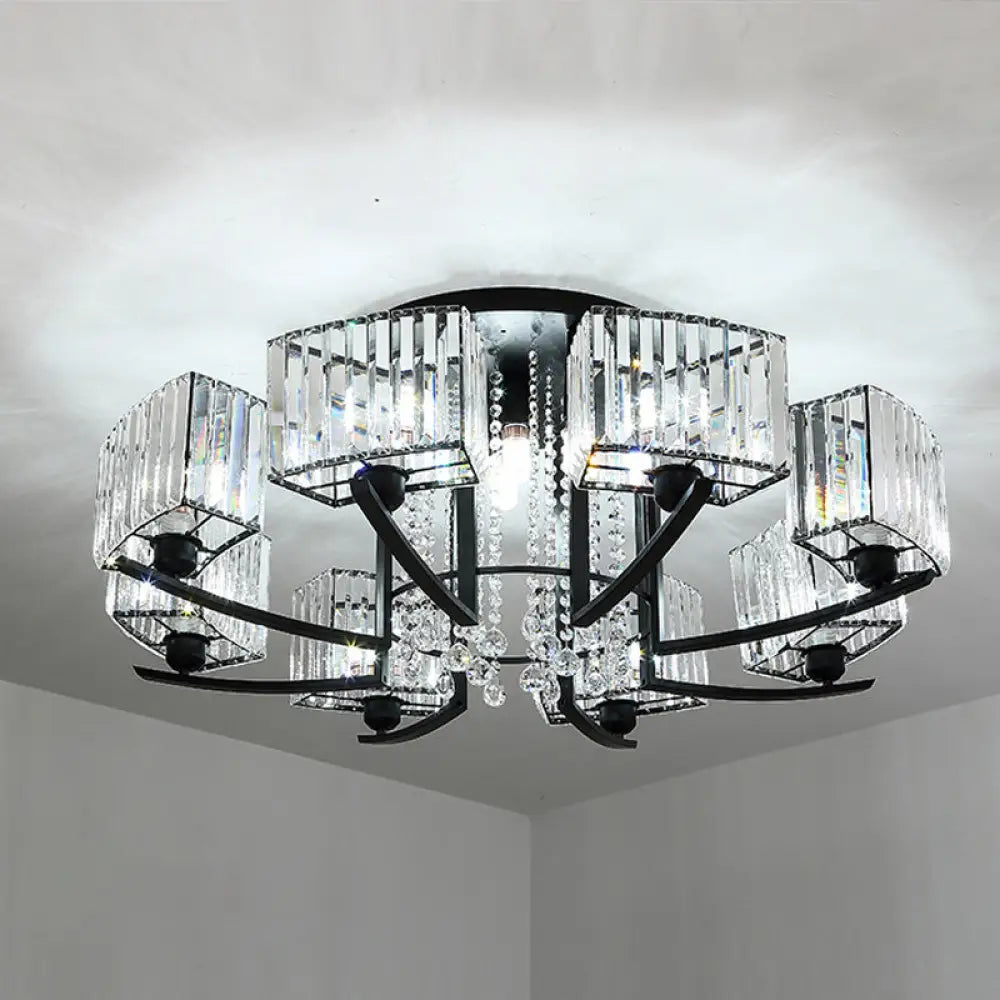 Retro Crystal Block Semi Flush Mount Ceiling Lamp For Living Room - Round Black 12 /