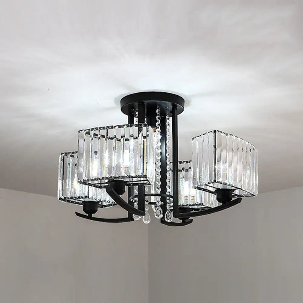 Retro Crystal Block Semi Flush Mount Ceiling Lamp For Living Room - Round Black 5 /