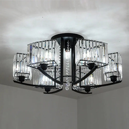 Retro Crystal Block Semi Flush Mount Ceiling Lamp For Living Room - Round Black 7 /