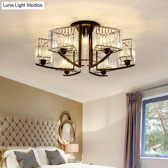 Retro Crystal Block Semi Flush Mount Ceiling Lamp For Living Room - Round Black