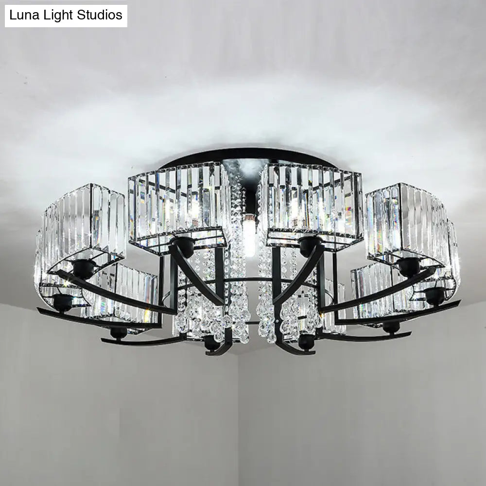Retro Crystal Block Semi Flush Mount Ceiling Lamp For Living Room - Round Black 16 /