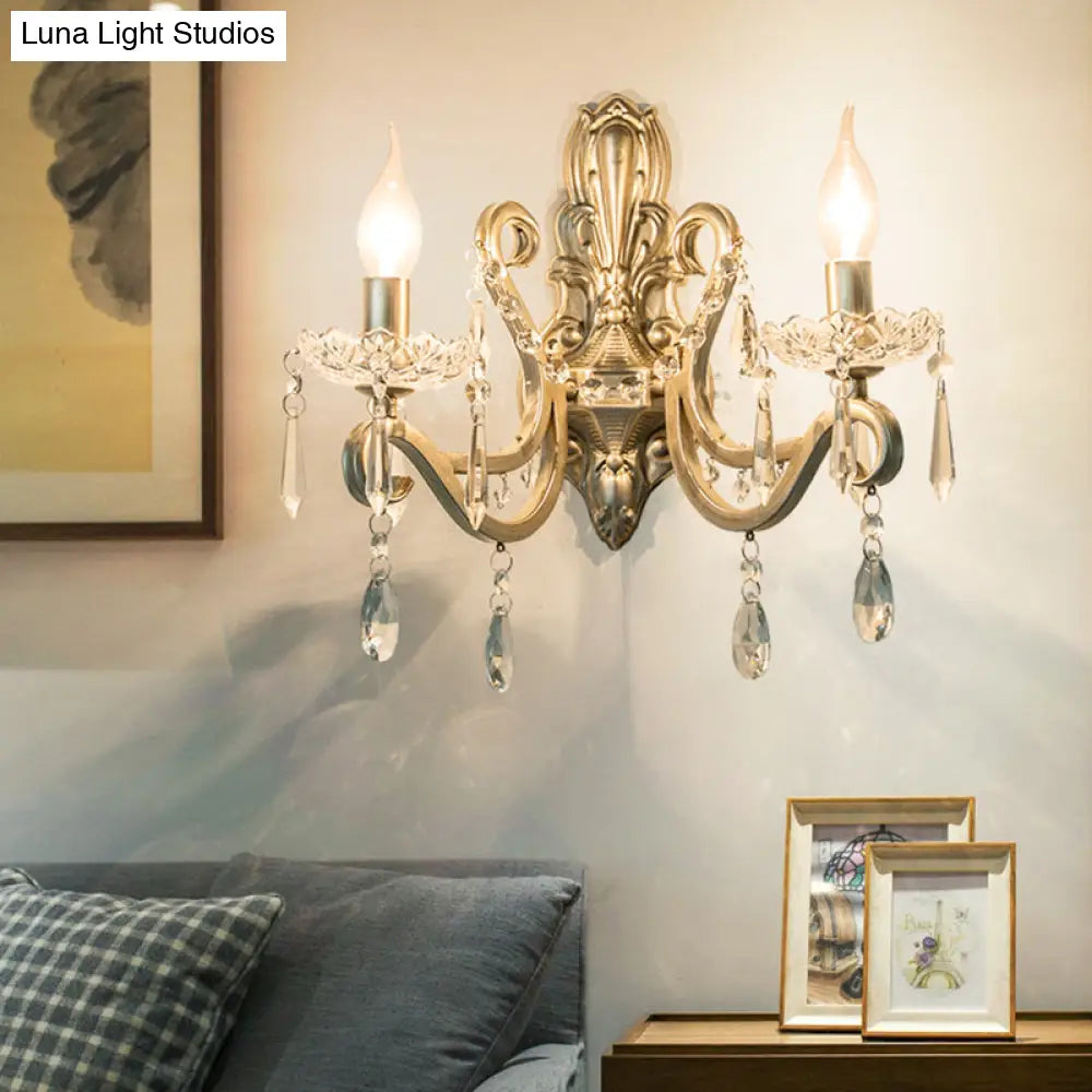 Retro Crystal Candle Wall Lamp With 1/2 Bulbs - Silver Sconce For Living Room