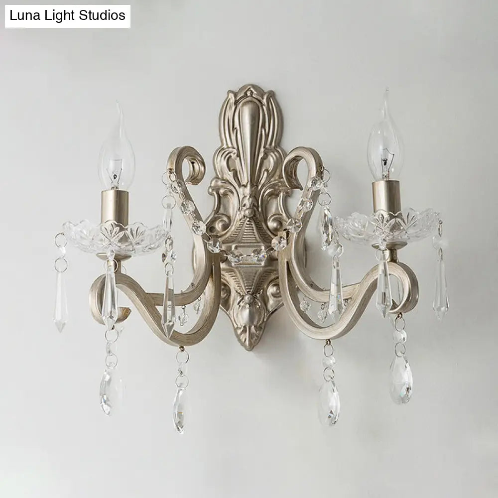 Retro Crystal Candle Wall Lamp With 1/2 Bulbs - Silver Sconce For Living Room