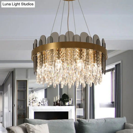 Retro Crystal Drum Chandelier - Gold Finish Pendant Light Fixture For Dining Room Ceiling Oval Panel