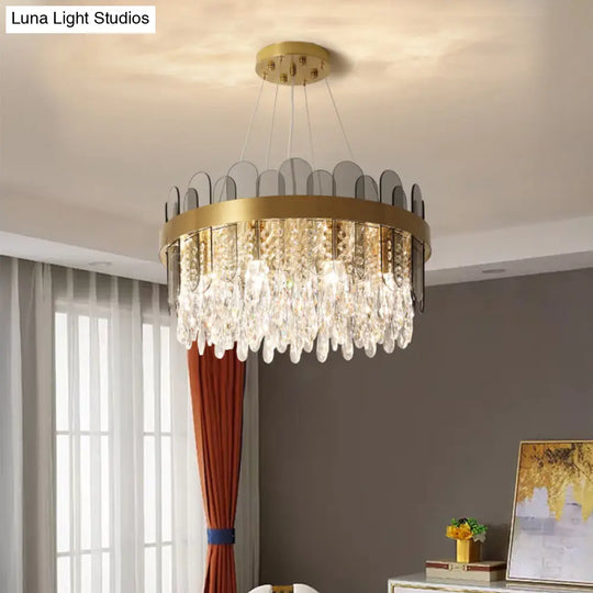 Retro Crystal Drum Chandelier - Gold Finish Pendant Light Fixture For Dining Room Ceiling Oval Panel