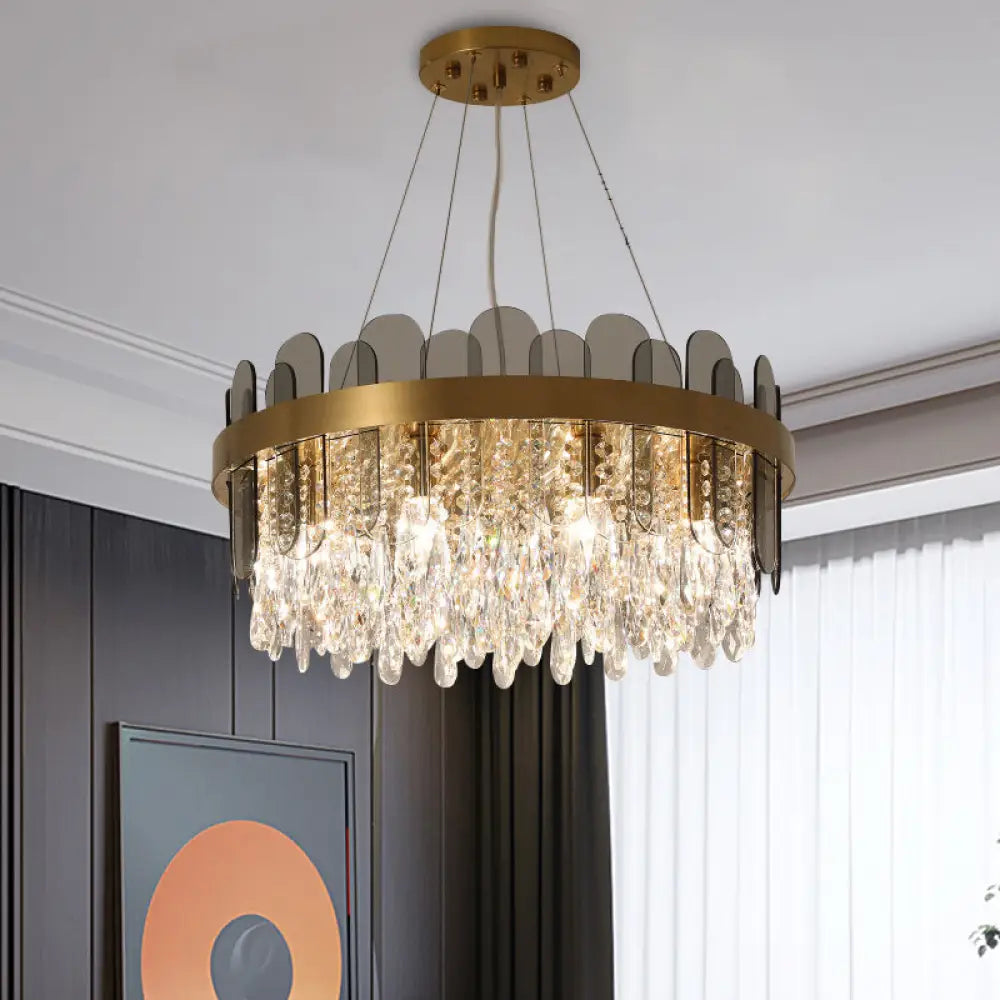 Retro Crystal Drum Chandelier - Gold Finish Pendant Light Fixture For Dining Room Ceiling Oval Panel