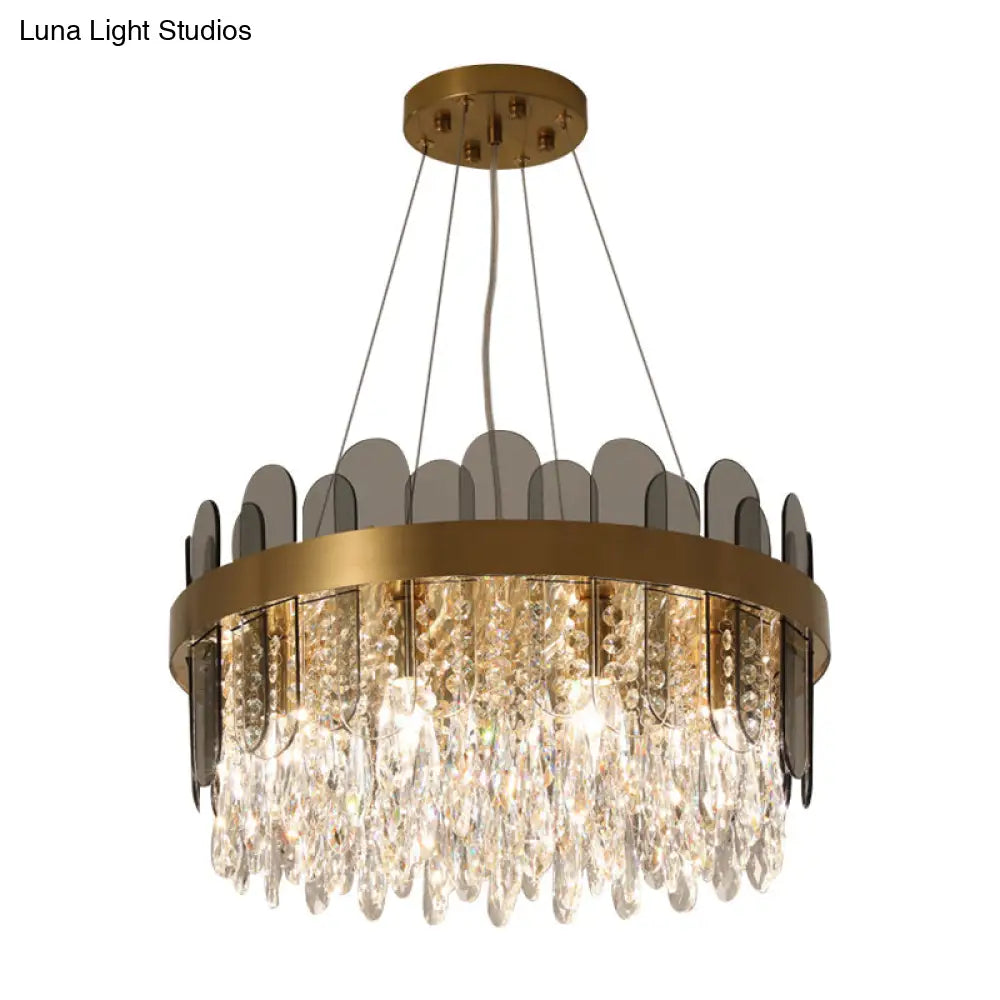 Retro Crystal Drum Chandelier - Gold Finish Pendant Light Fixture For Dining Room Ceiling Oval Panel