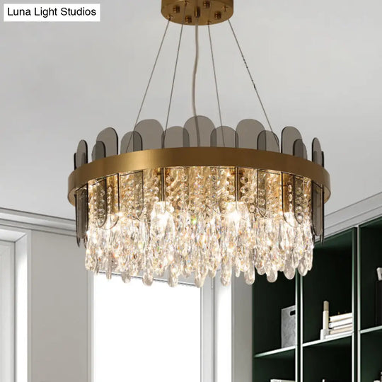 Retro Crystal Drum Chandelier - Gold Finish Pendant Light Fixture For Dining Room Ceiling Oval Panel