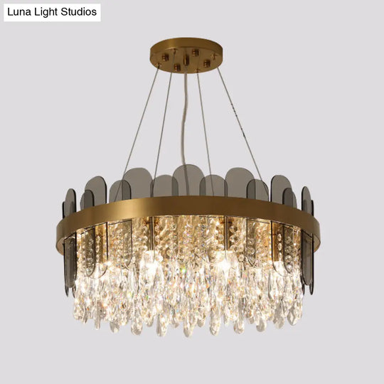 Retro Crystal Drum Chandelier - Gold Finish Pendant Light Fixture For Dining Room Ceiling Oval Panel