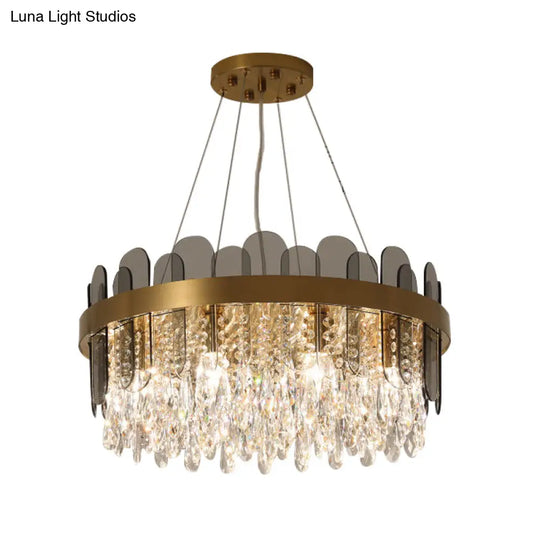 Retro Crystal Drum Chandelier - Gold Finish Pendant Light Fixture For Dining Room Ceiling Oval Panel