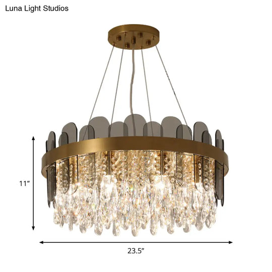 Retro Crystal Drum Chandelier - Gold Finish Pendant Light Fixture For Dining Room Ceiling Oval Panel