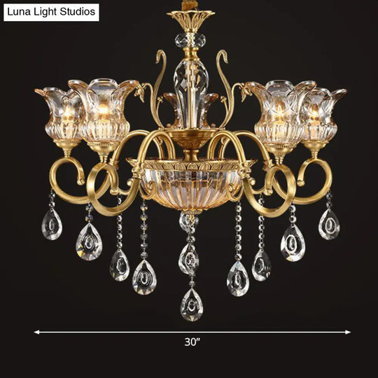 Retro Crystal Glass Brass Chandelier - Decorative Living Room Hanging Lamp