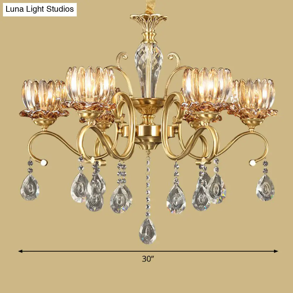 Retro Crystal Glass Brass Chandelier - Decorative Living Room Hanging Lamp