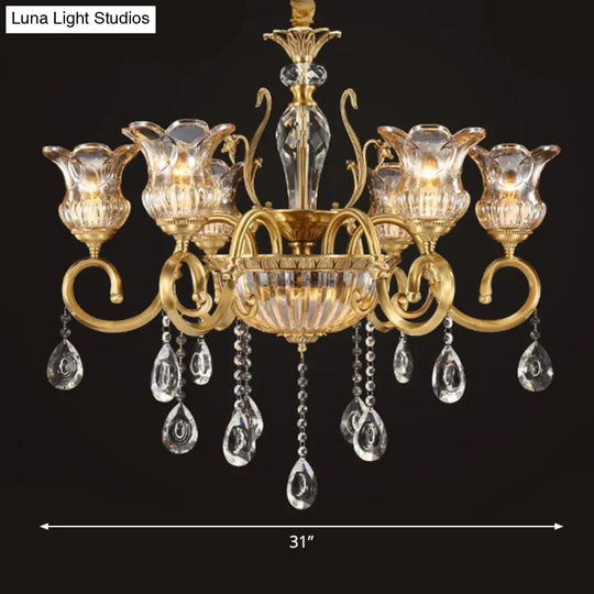 Retro Crystal Glass Brass Chandelier - Decorative Living Room Hanging Lamp