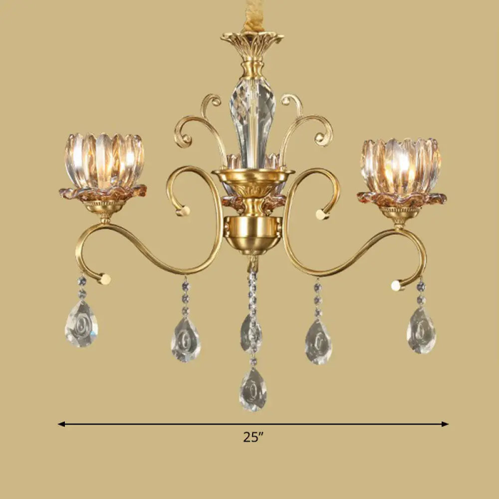 Retro Crystal Glass Brass Chandelier - Decorative Living Room Hanging Lamp 3 / Clear Flower