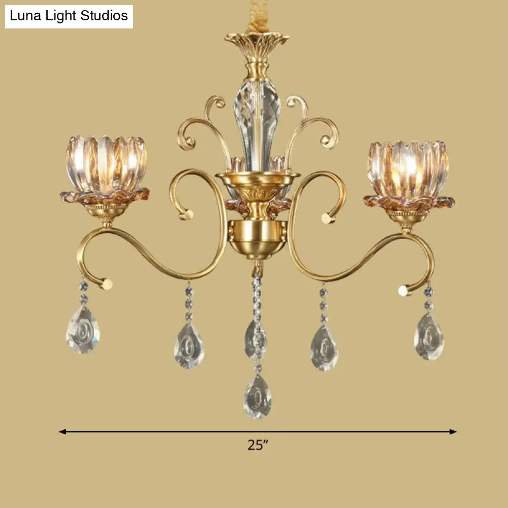 Retro Crystal Glass Brass Chandelier - Decorative Living Room Hanging Lamp