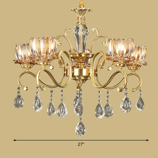 Retro Crystal Glass Brass Chandelier - Decorative Living Room Hanging Lamp 5 / Clear Flower