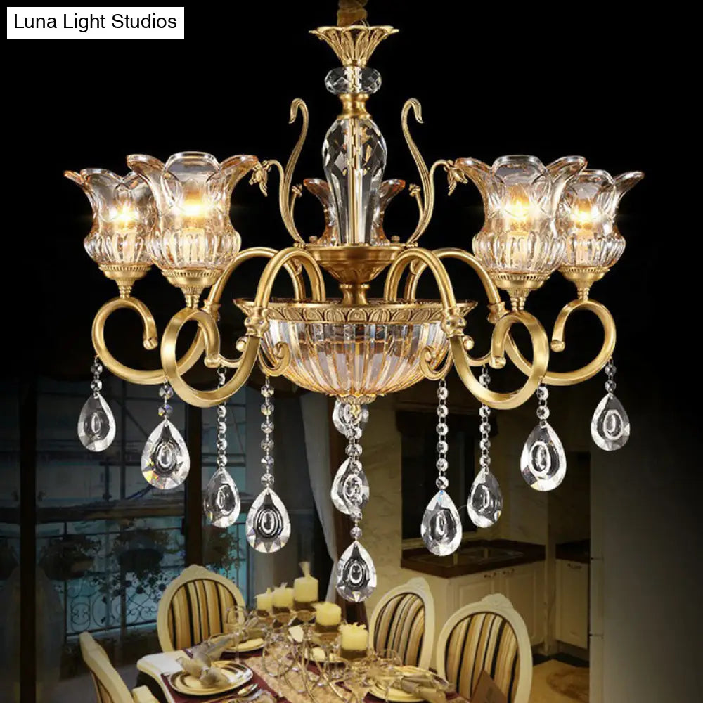 Retro Crystal Glass Brass Chandelier - Decorative Living Room Hanging Lamp