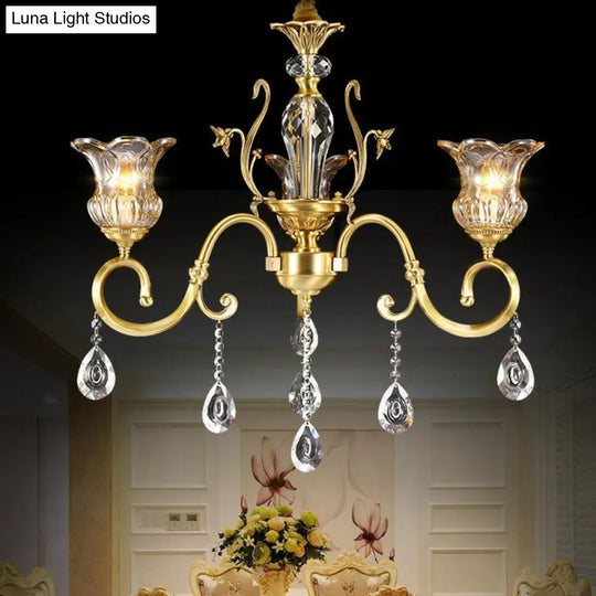 Retro Crystal Glass Brass Chandelier - Decorative Living Room Hanging Lamp