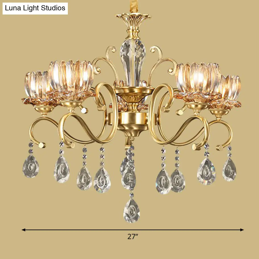 Retro Crystal Glass Brass Chandelier - Decorative Living Room Hanging Lamp