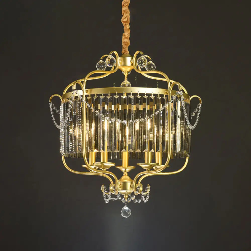 Retro Crystal Hanging Lamp: Prismatic Candle Chandelier With Scroll Frame 5 / Gold Smoke Grey