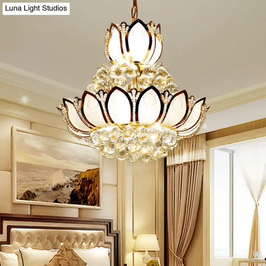 Retro Crystal Lotus Chandelier Pendant Light - 10-Head Hanging Ceiling In Gold