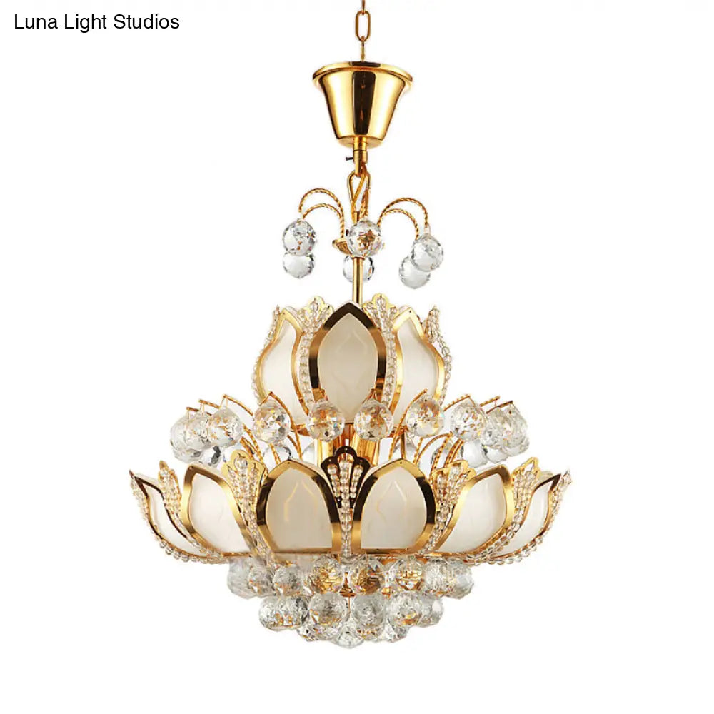 Retro Crystal Lotus Chandelier Pendant Light - 10-Head Hanging Ceiling In Gold