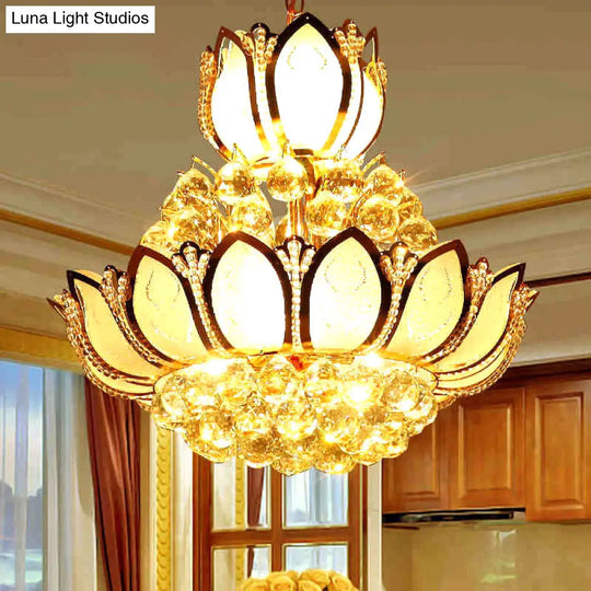 Retro Crystal Lotus Chandelier Pendant Light - 10-Head Hanging Ceiling In Gold