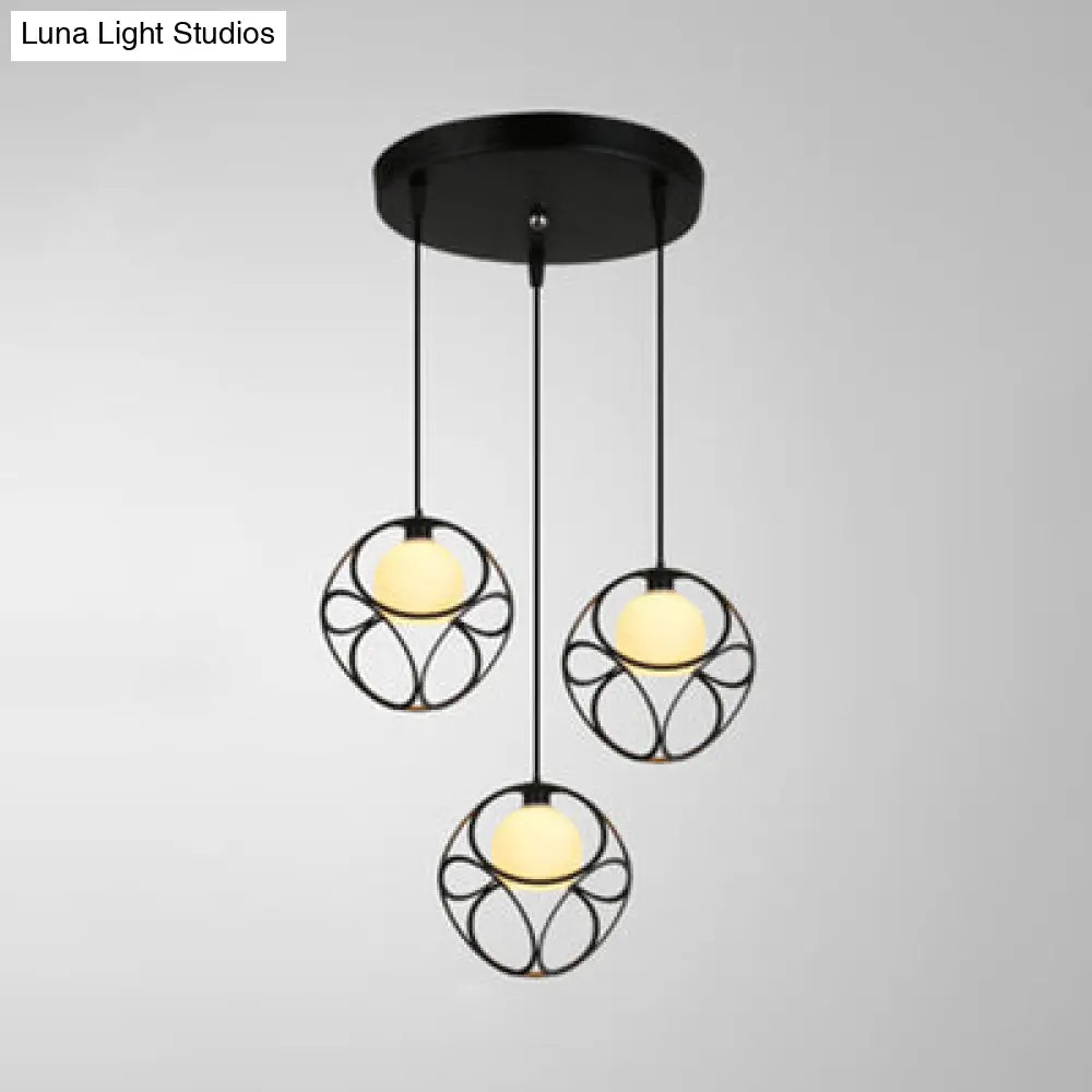 Retro 3-Head Cubic Cage Pendant Light With Glass Shade - Black / Round