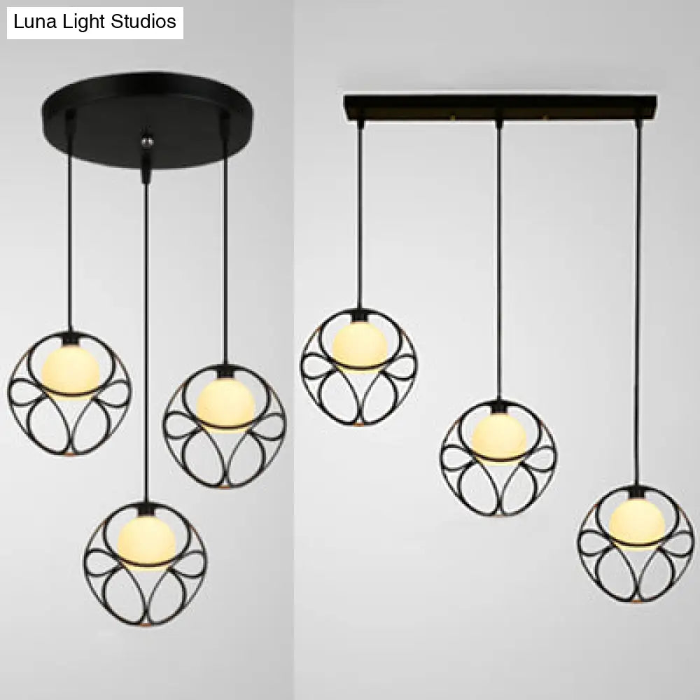 Retro Cubic Cage Metal Pendant Light With White Glass Shade - 3 Head Suspension Lamp In Black