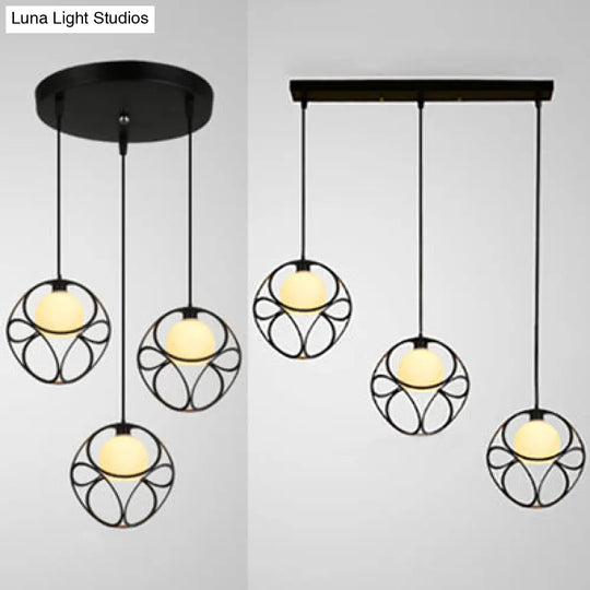 Retro Cubic Cage Metal Pendant Light With White Glass Shade - 3 Head Suspension Lamp In Black