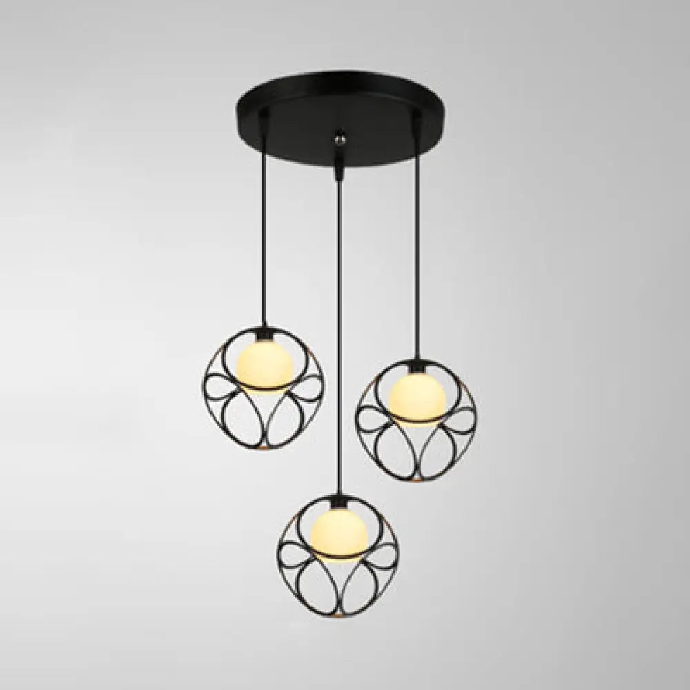 Retro Cubic Cage Metal Pendant Light With White Glass Shade - 3 Head Suspension Lamp In Black /