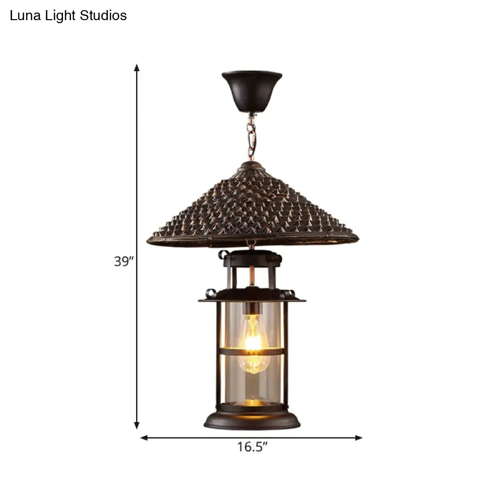 Retro Cylinder Clear Glass Ceiling Fixture With Metal Shade - Head Suspension Lighting In Black