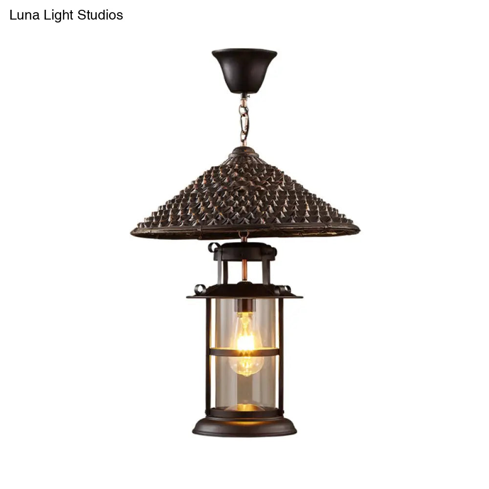 Retro Cylinder Clear Glass Ceiling Fixture With Metal Shade - Head Suspension Lighting In Black