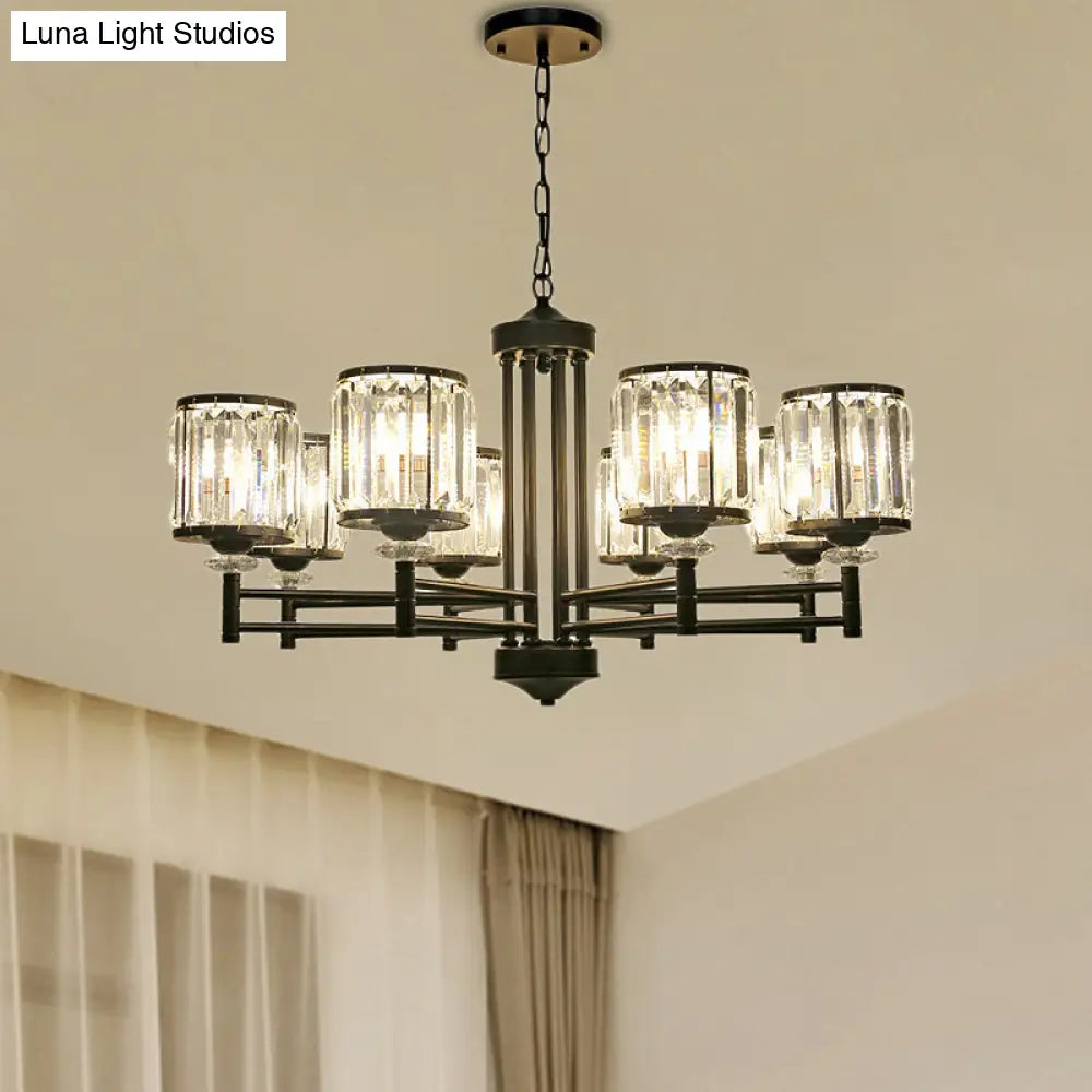 Retro Cylindrical Chandelier Pendant Light - Black Finish Crystal Accent Adjustable Chain 3/6/8