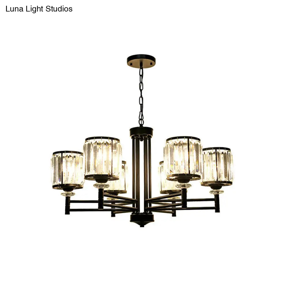 Retro Cylindrical Chandelier Pendant Light - Black Finish Crystal Accent Adjustable Chain 3/6/8