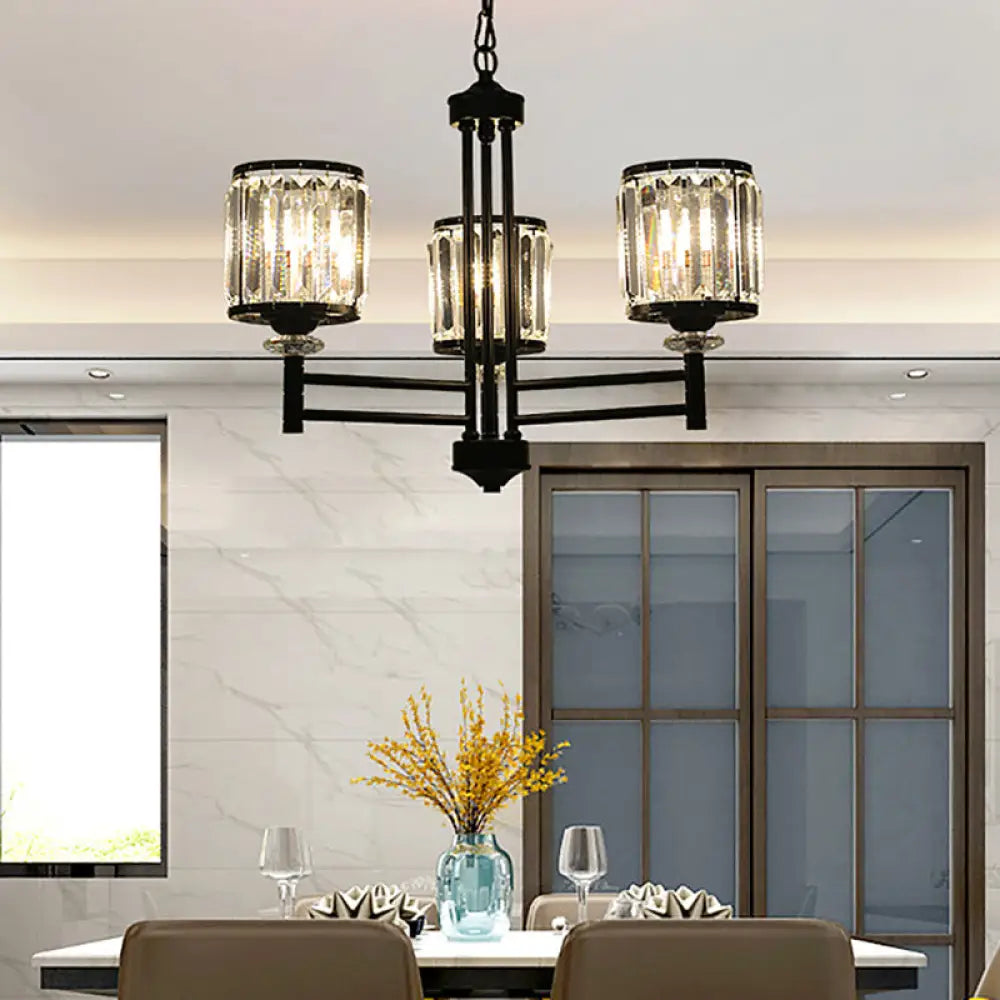 Retro Cylindrical Chandelier Pendant Light - Black Finish Crystal Accent Adjustable Chain 3/6/8