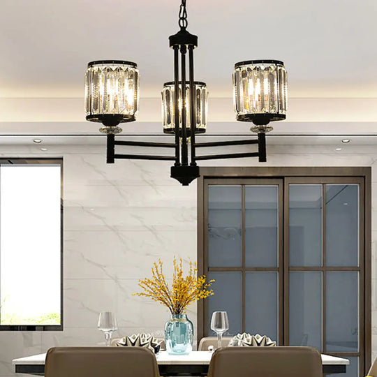 Retro Cylindrical Chandelier Pendant Light - Black Finish Crystal Accent Adjustable Chain 3/6/8