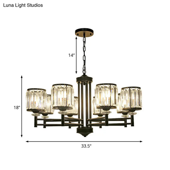 Retro Cylindrical Chandelier Pendant Light - Black Finish Crystal Accent Adjustable Chain 3/6/8