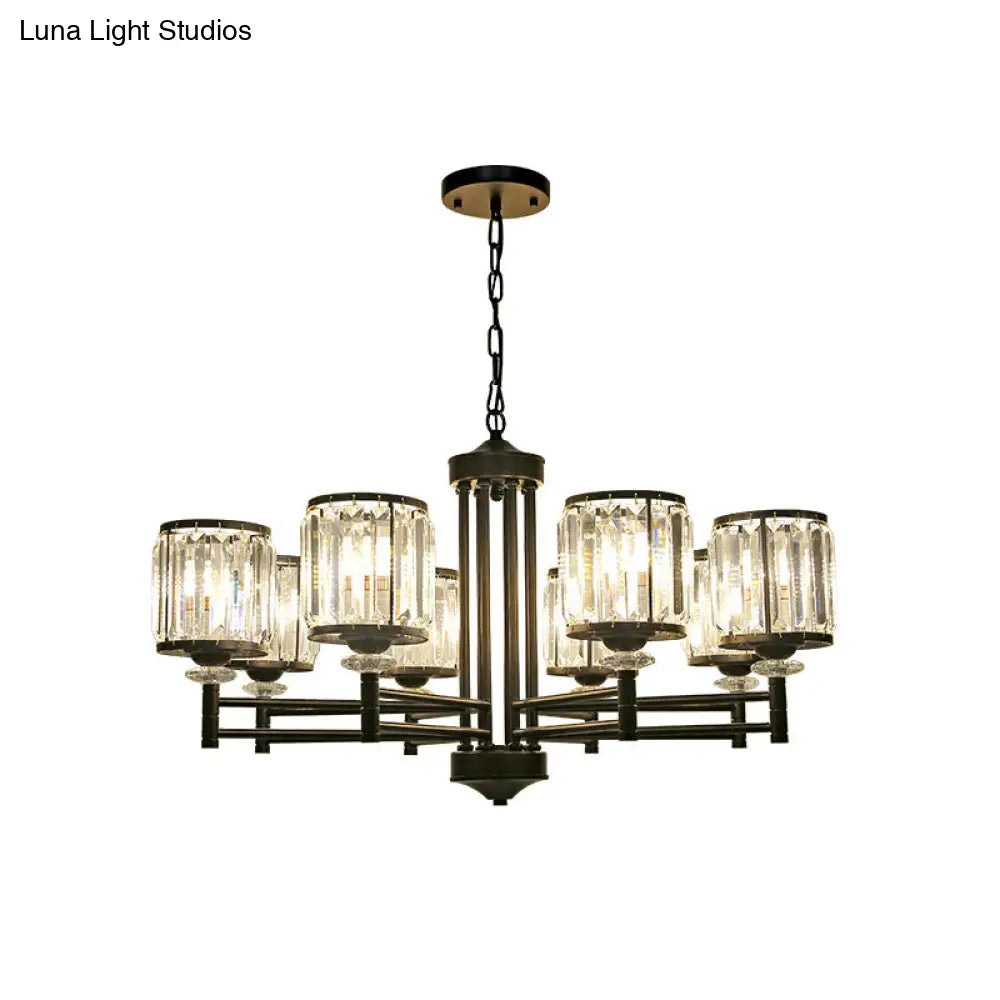 Retro Cylindrical Chandelier Pendant Light - Black Finish Crystal Accent Adjustable Chain 3/6/8