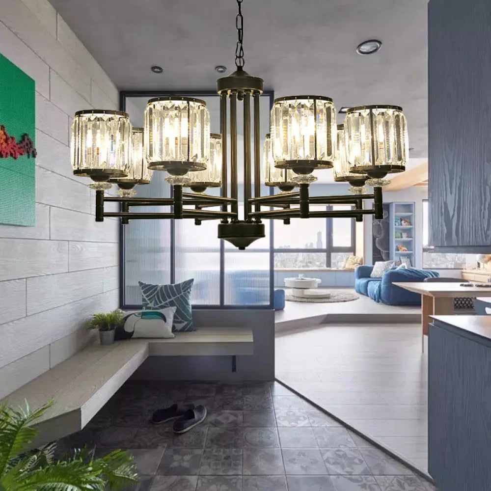 Retro Cylindrical Chandelier Pendant Light - Black Finish Crystal Accent Adjustable Chain 3/6/8