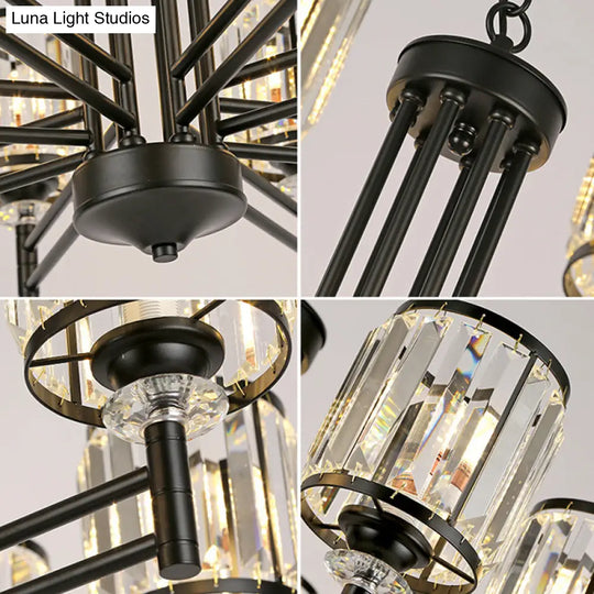 Retro Cylindrical Chandelier Pendant Light - Black Finish Crystal Accent Adjustable Chain 3/6/8