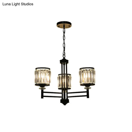 Retro Cylindrical Chandelier Pendant Light - Black Finish Crystal Accent Adjustable Chain 3/6/8